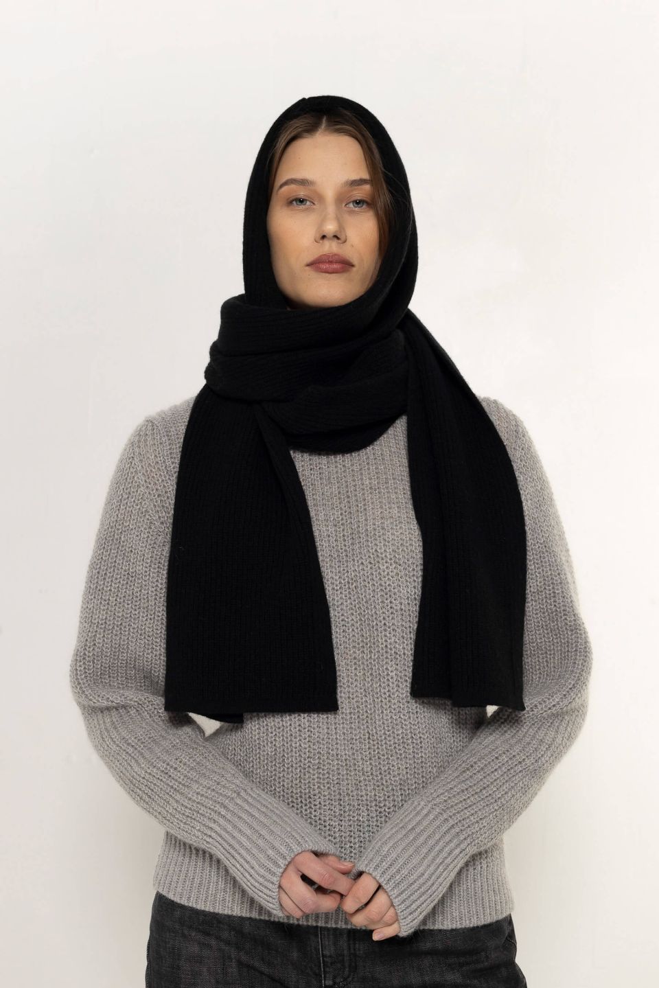 Trude recycled wool hood scarf black