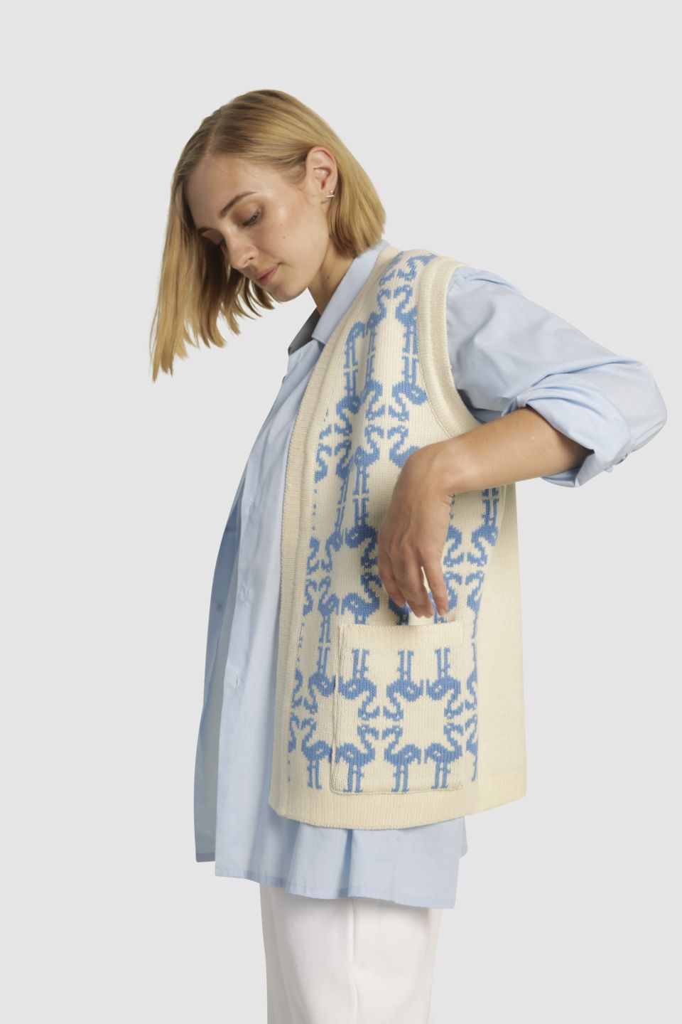 Flamingo reversible merino cardigan vest blue